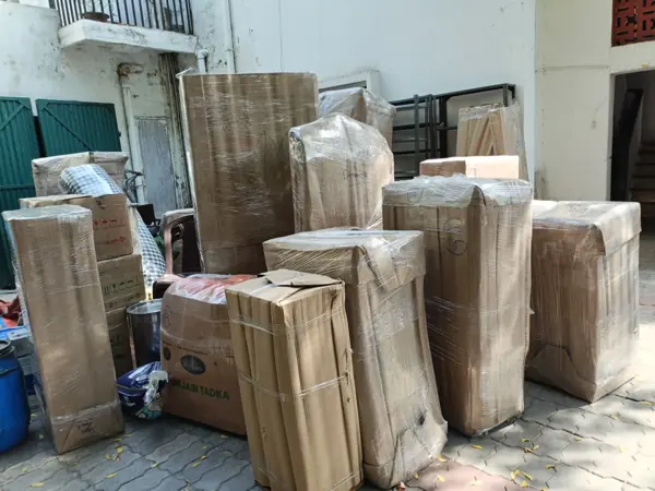 Shipment ready at an apartment entrance