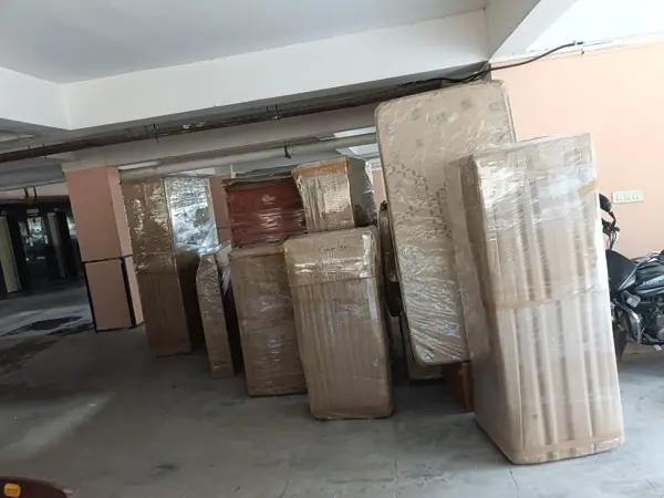Row of packed goods in a parking area